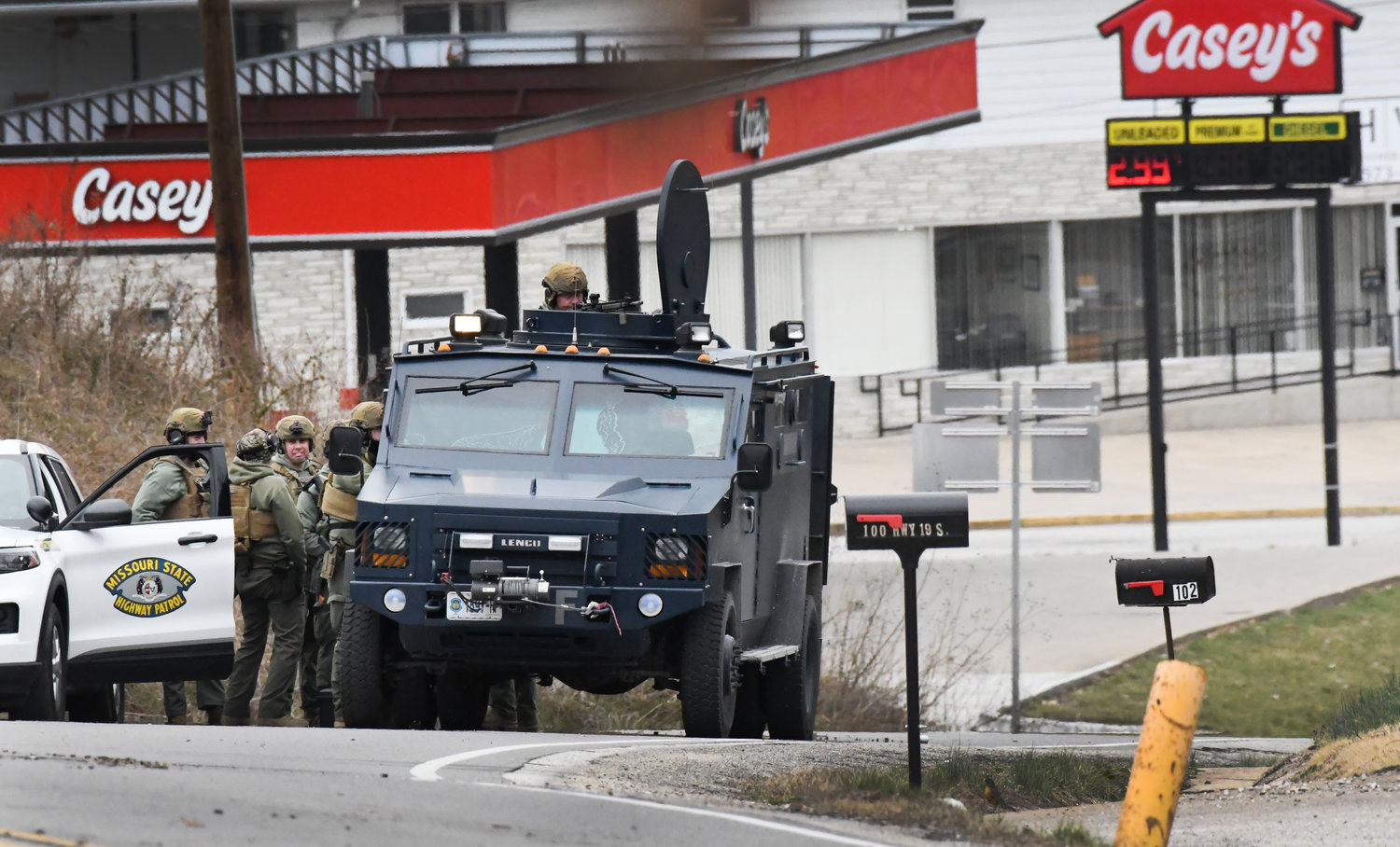 Missouri State Highway Patrol tactical units staged on Highway 19 a block north of the Casey’s store on Monday morning. After deploying tear gas into the residence at 102 Market, Kenneth Lee Simpson stepped out of a side door and surrendered. He was believed to have been hiding since Sunday night in the basement.